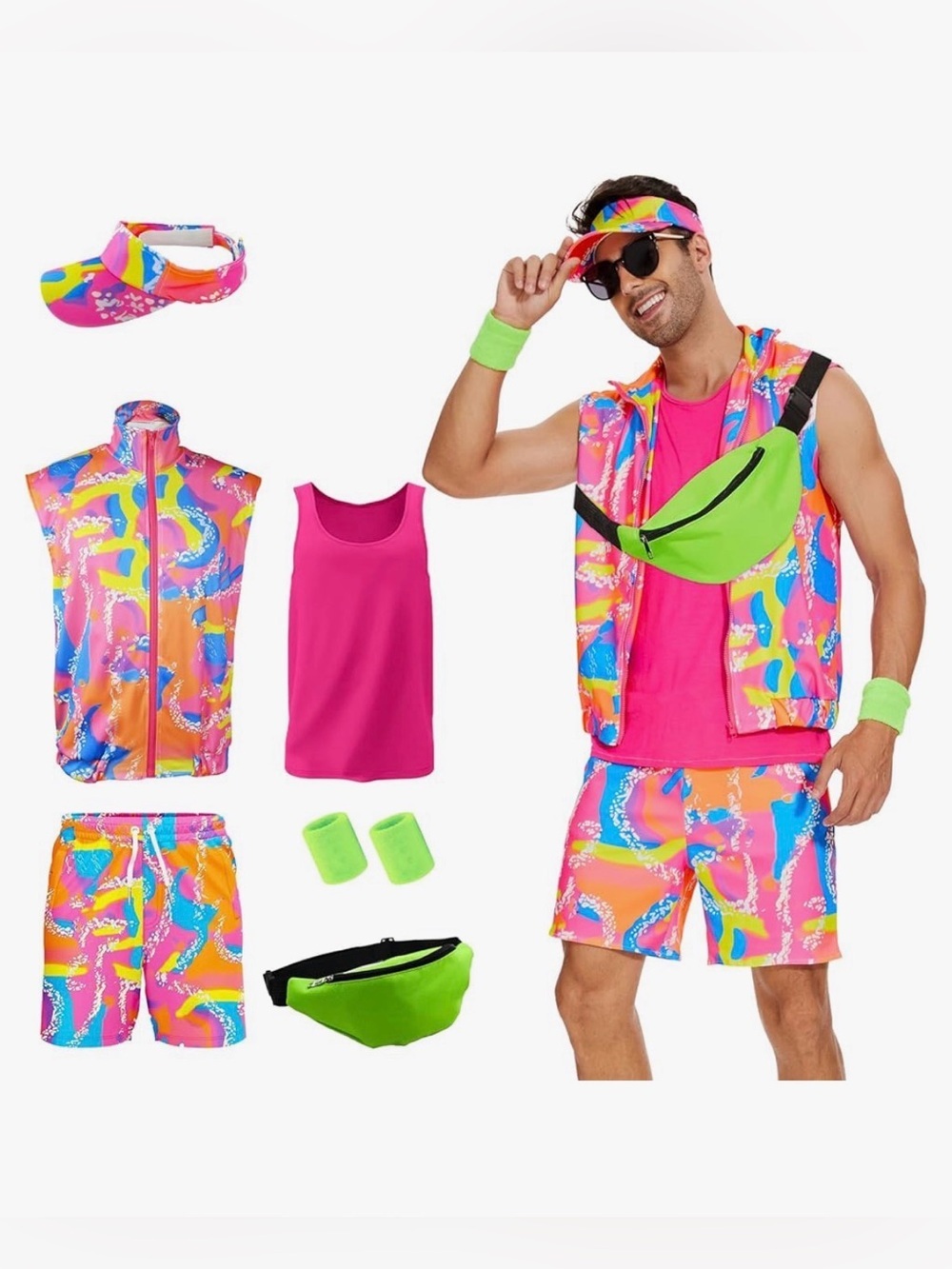 NWT 80S 90S Workout Costume Halloween for Adult Mens With Sun Hat Sz 2XL